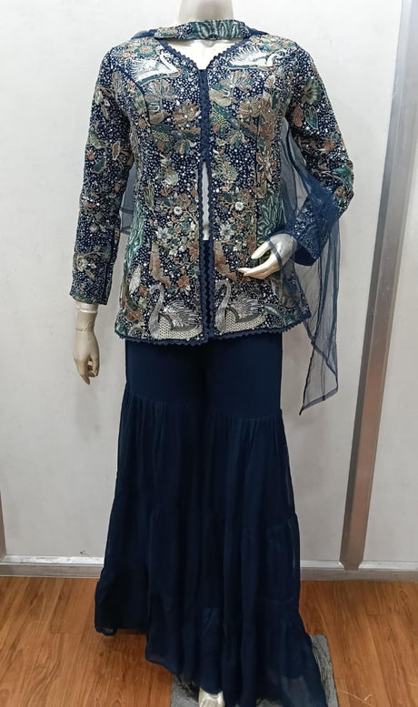 Midnight Peacock Embroidered Sharara Couture Set