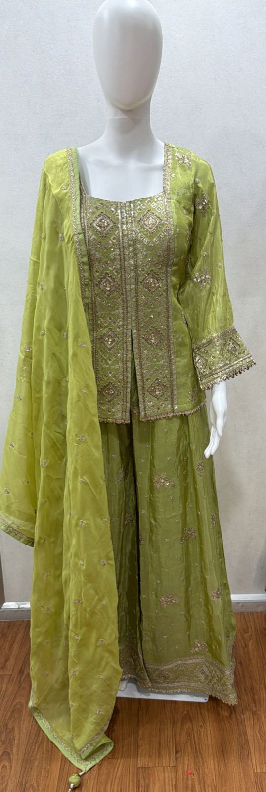 Olive Mirror Embroidered Luxe Sharara Set
