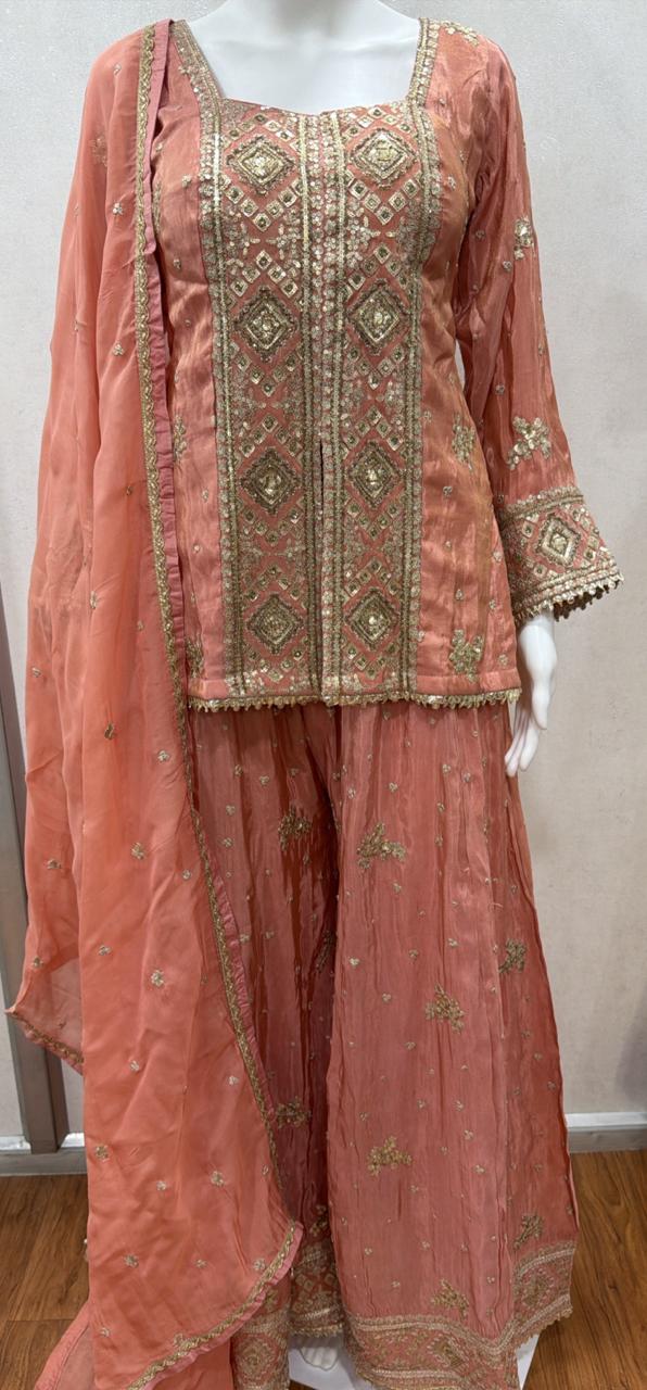 Peach Gold Embroidered Luxe Sharara Set