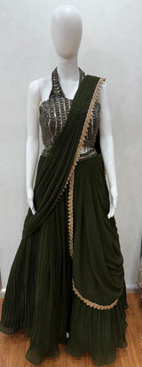 Emerald Drape Pleated Gown Ensemble