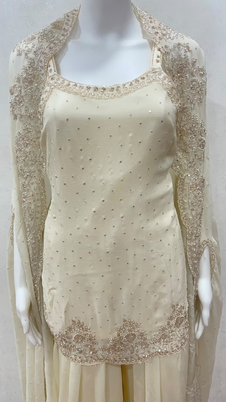 Regal Ivory Embellished Cape Palazzo Set - close-up detail