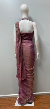 Detail of the pleated pallu on a mauve bronze draped saree set