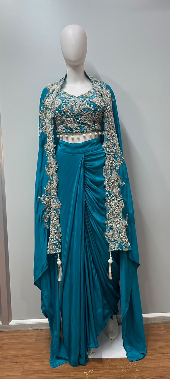 Teal Embroidered Cape draped skirt Set - close-up detail
