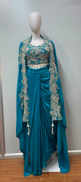 Teal Embroidered Cape draped skirt Set - close-up detail