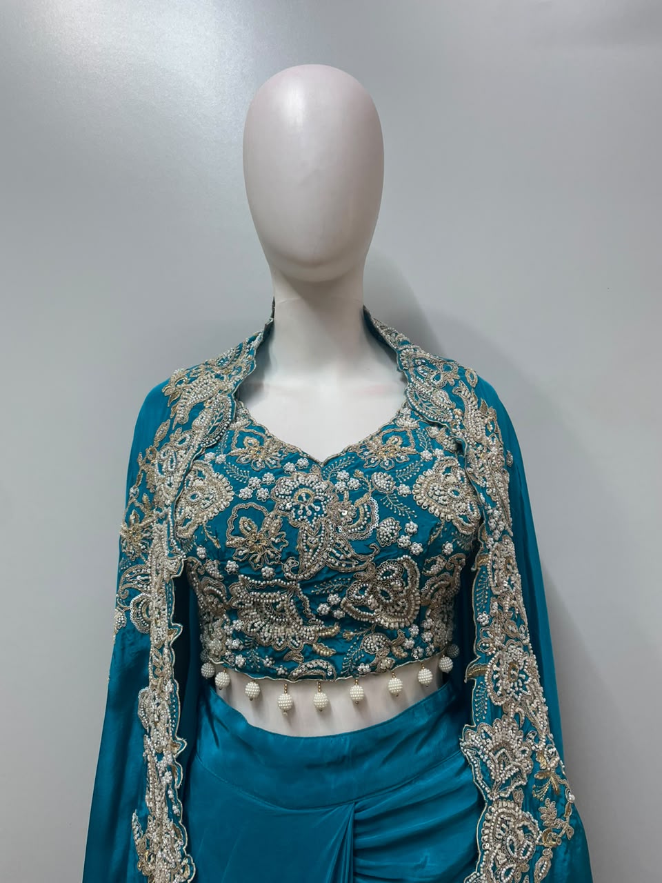 Teal Embroidered Cape draped skirt Set - detail view