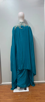 Teal Embroidered Cape draped skirt Set - styled view