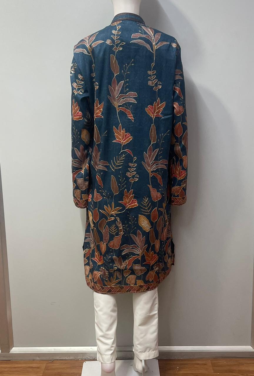 Deep Teal Rust Botanical Men's Kurta Set