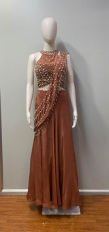 Copper pearl embellished drape set from a second angle on the model