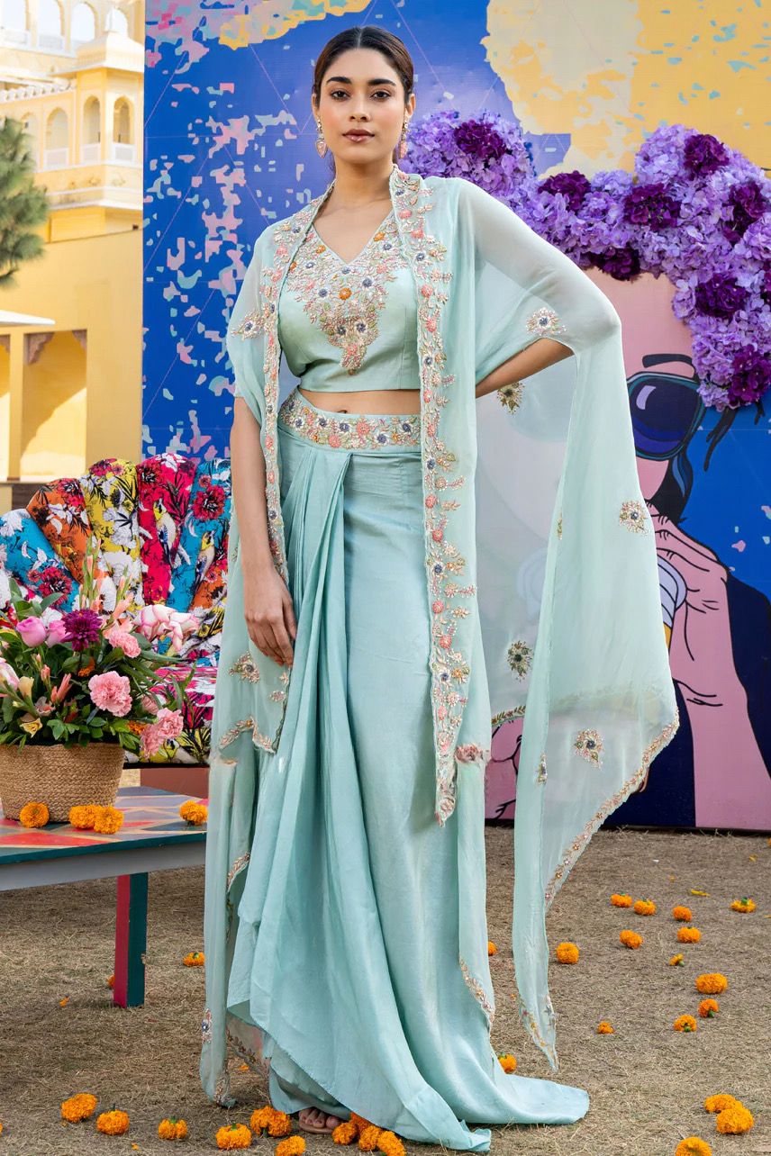 Turquoise Indo-western Dress, Embroidered Outfit
