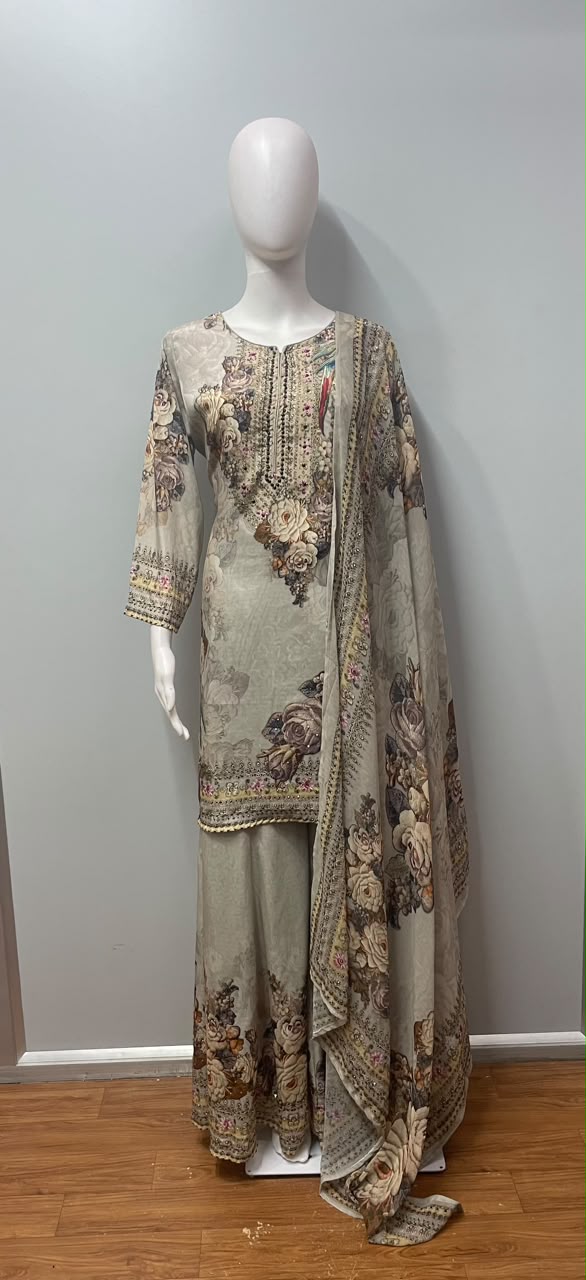 Grey Floral Printed Kurta Palazzo Set