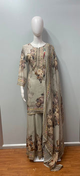 Grey Floral Printed Kurta Palazzo Set