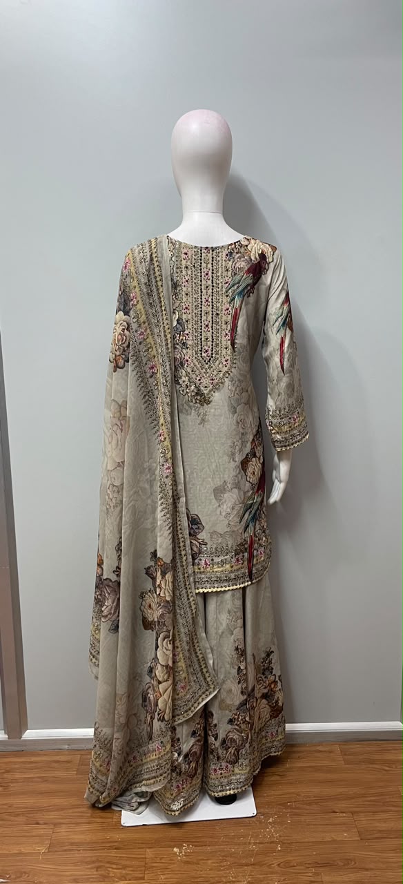 Grey Floral Printed Kurta Palazzo Set