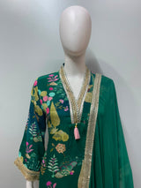 Detail of the printed dupatta on a botanical floral kurta set