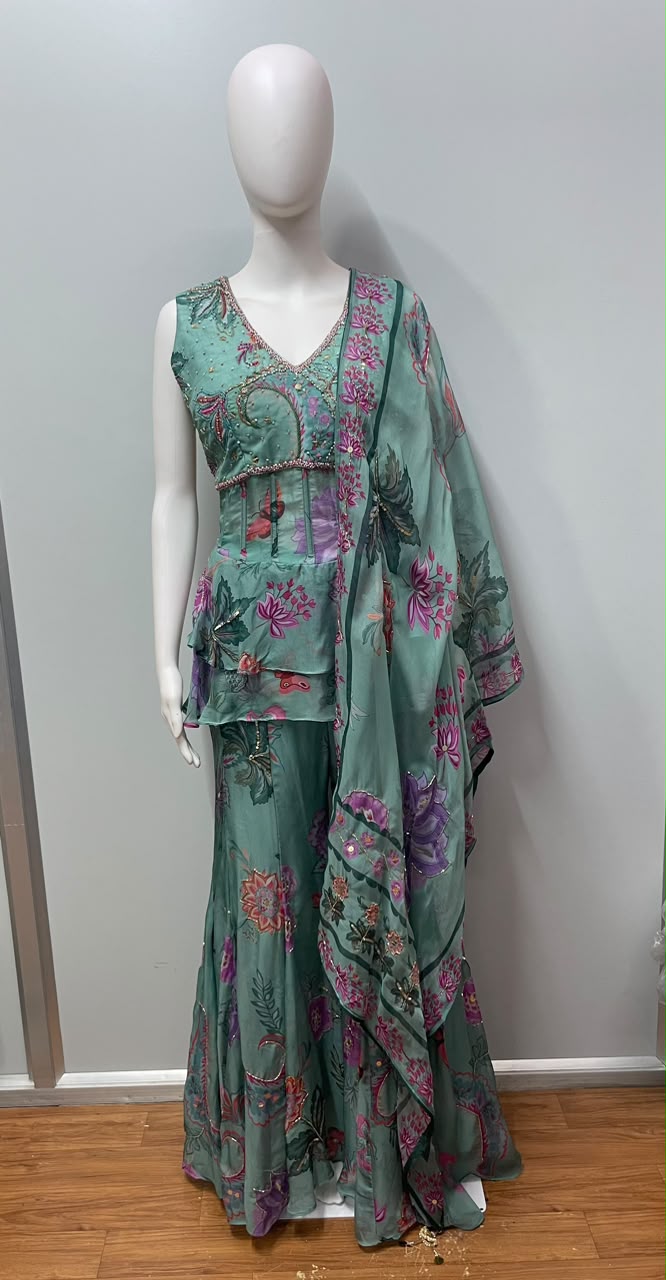 Sea Green Floral Peplum Sharara Ensemble - view 13