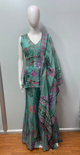 Sea Green Floral Peplum Sharara Ensemble - view 13