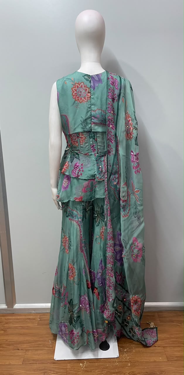 Sea Green Floral Peplum Sharara Ensemble - view 14