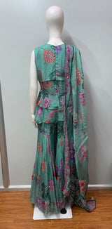 Sea Green Floral Peplum Sharara Ensemble - view 14