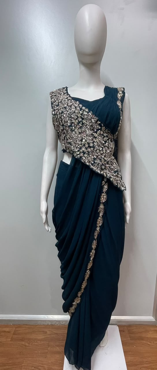 Midnight Teal Hand-Crafted Draped Saree Set - close-up detail