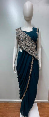 Midnight Teal Hand-Crafted Draped Saree Set - close-up detail