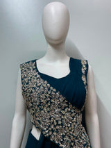 Midnight Teal Hand-Crafted Draped Saree Set - additional view