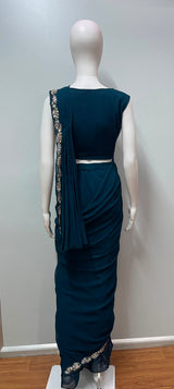 Midnight Teal Hand-Crafted Draped Saree Set - styled view