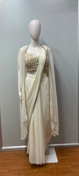 Detail of the attached cape on an ivory modern drape saree set