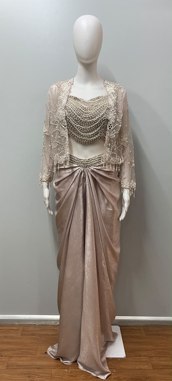 Taupe Pearl Jacket Draped Saree Couture - detail view