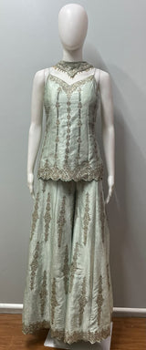 Pistachio Gold Embroidered Sharara Couture Ensemble - styled view