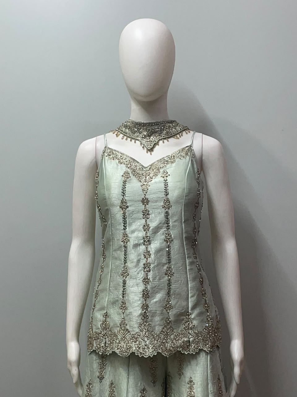 Pistachio Gold Embroidered Sharara Couture Ensemble - close-up detail