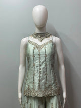 Pistachio Gold Embroidered Sharara Couture Ensemble - close-up detail