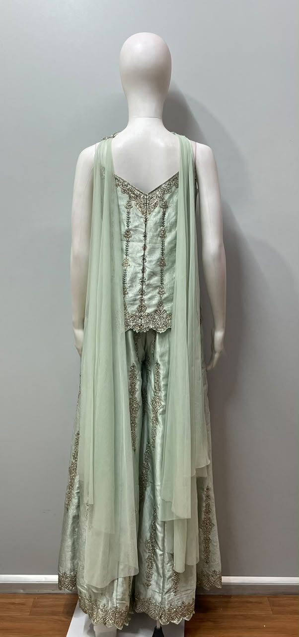 Pistachio Gold Embroidered Sharara Couture Ensemble - detail view