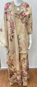 Cream Floral Print Sharara Suit - close-up detail