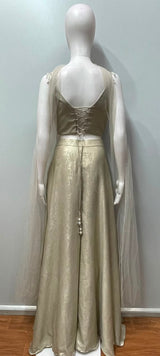 Detail of the neckline on an ivory pearl embroidered cape set