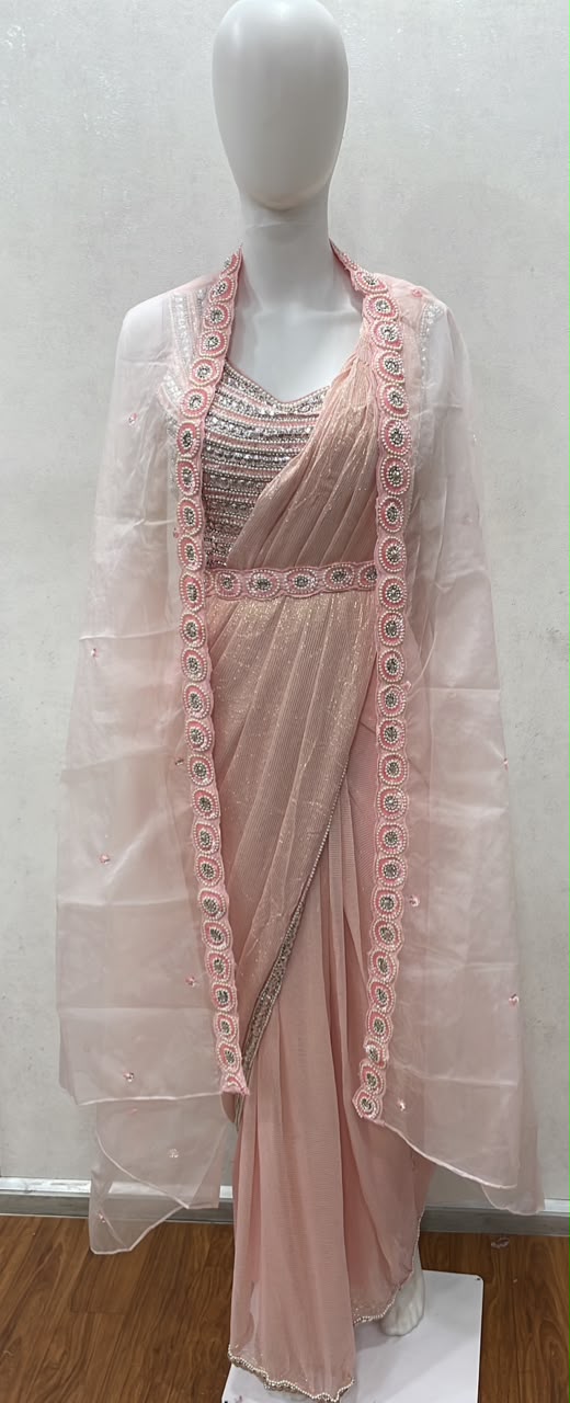 Blush Pearl Cape Saree Couture Ensemble - alternate view