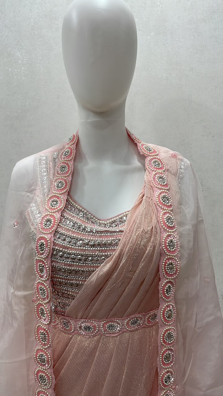 Blush Pearl Cape Saree Couture Ensemble - detail view