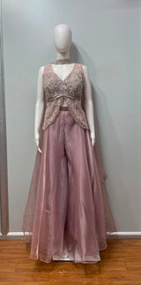 Detail of the neckline on a dusty pink embroidered kurta set