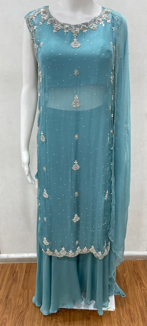 Aqua Blue Beaded Couture Kurta Set - close-up detail