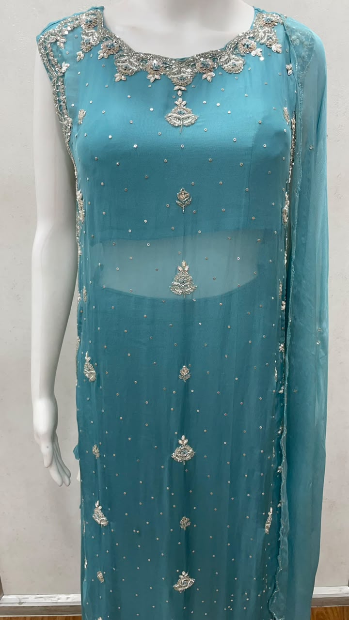 Aqua Blue Beaded Couture Kurta Set - styled view