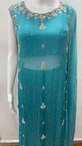 Aqua Blue Beaded Couture Kurta Set - styled view