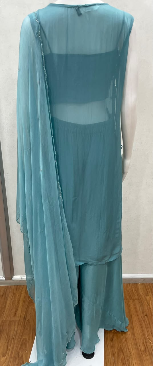 Aqua Blue Beaded Couture Kurta Set - additional view