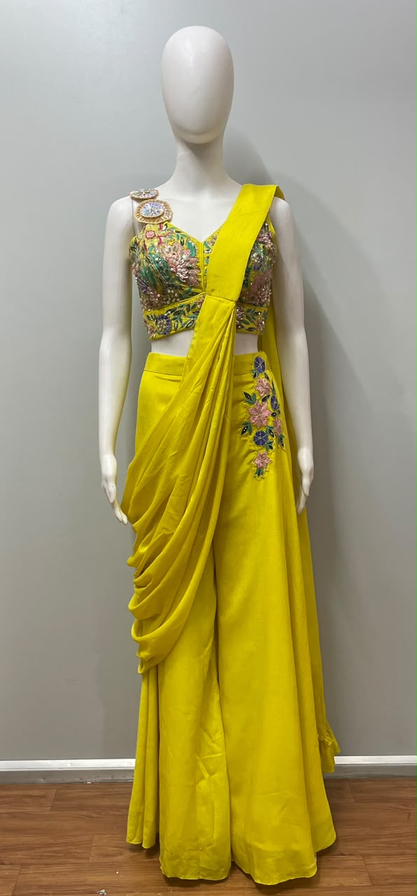 Sunshine yellow floral palazzo set styled for a haldi celebration