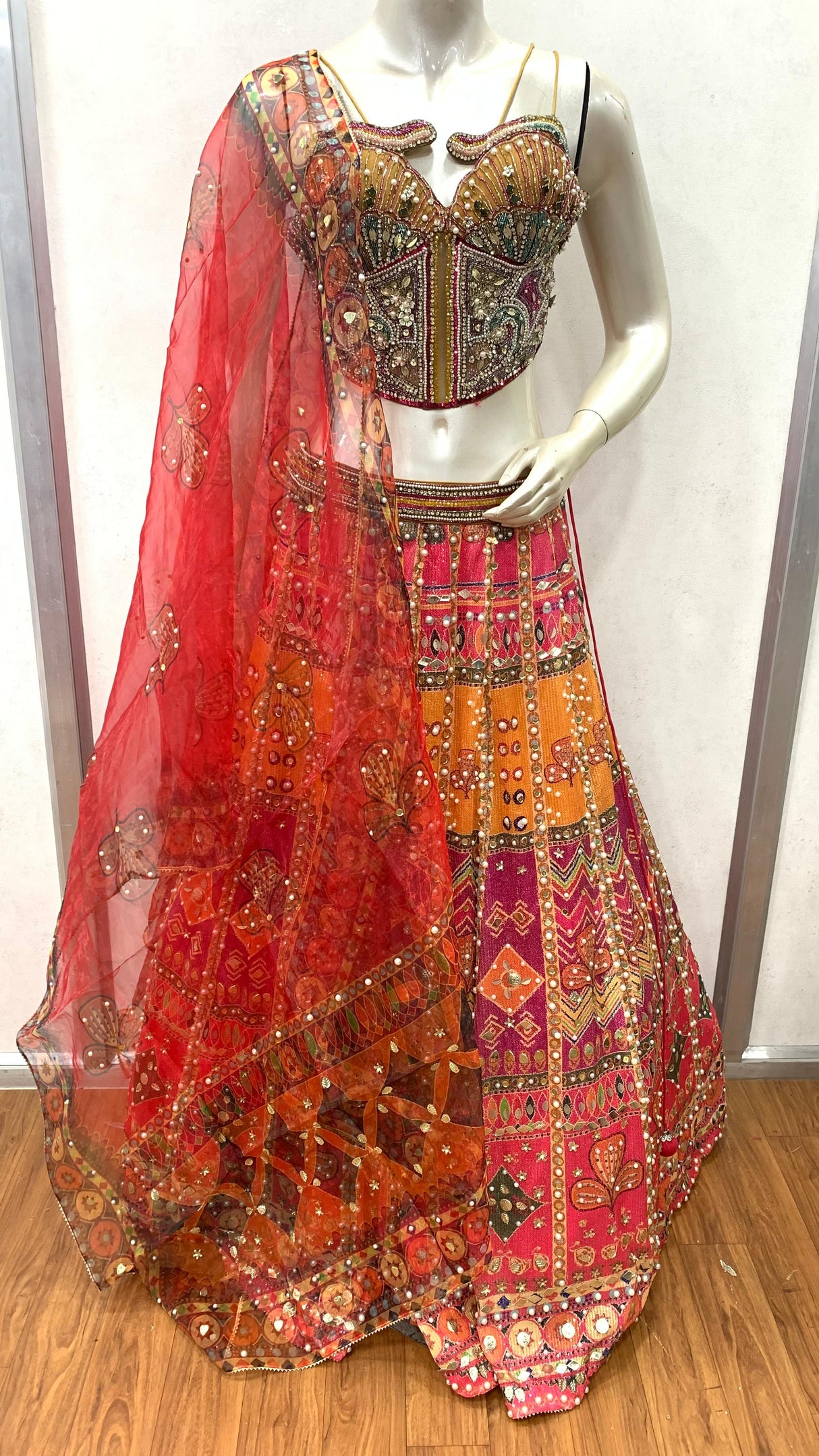 Sunset Mirrorwork Heritage Lehenga