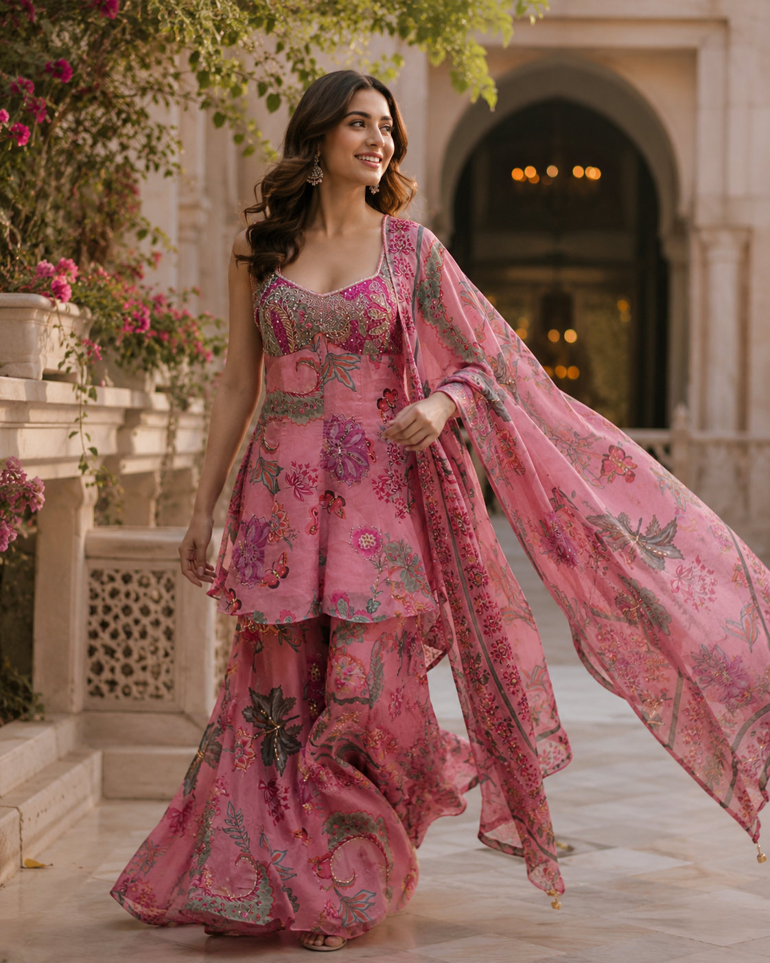 Rose Pink Floral Lehenga Couture Ensemble