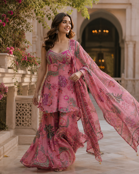 Rose Pink Floral Lehenga Couture Ensemble