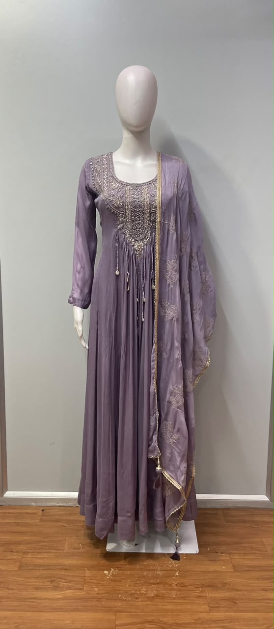 Smoky Lilac Silver Embroidered Anarkali Dupatta Set