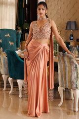 Peach Multicolor Jewel Draped Skirt Set
