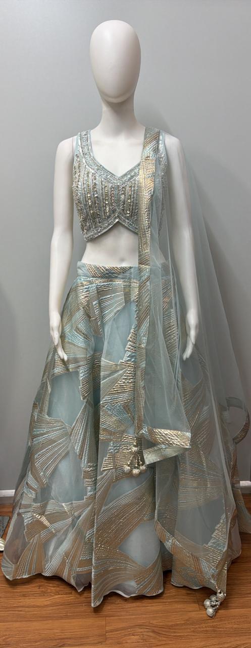 Sage Silver Geometric Luxe Lehenga Couture Set
