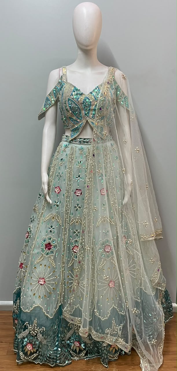 Seafoam Teal Floral Jewel Lehenga Set