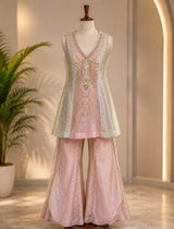 Soft multicolour pastel panels across the blush pink kurta