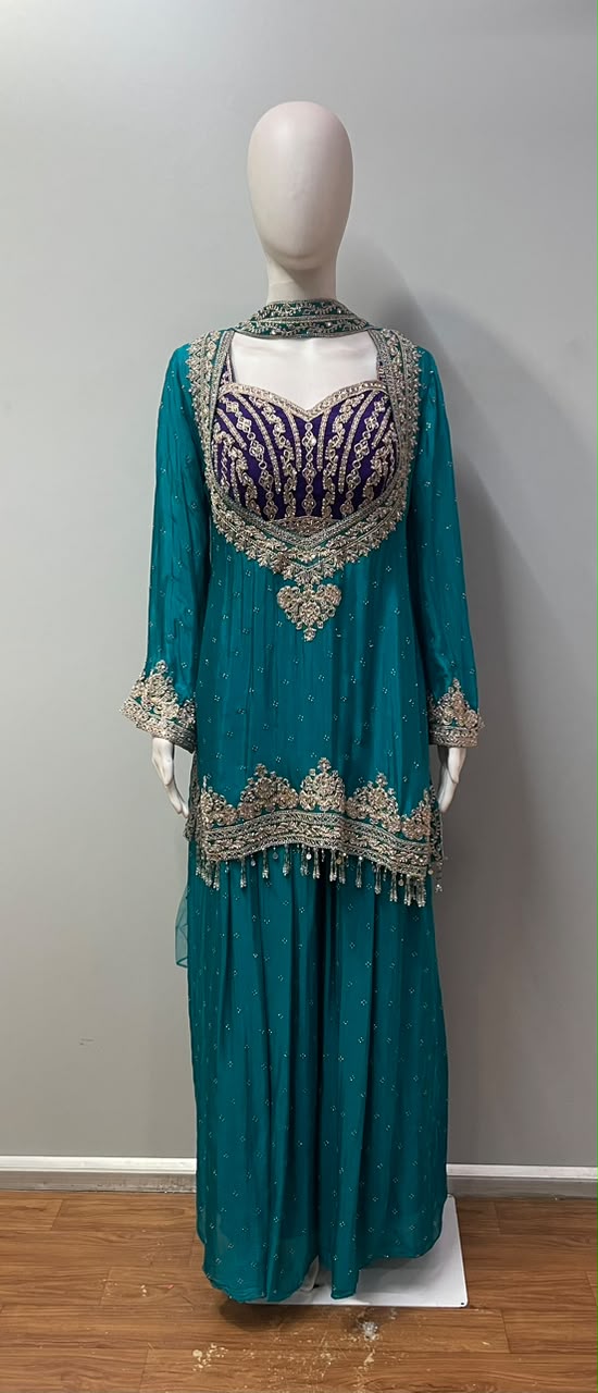 Teal Purple Jewel Tassel Kurta Palazzo Set